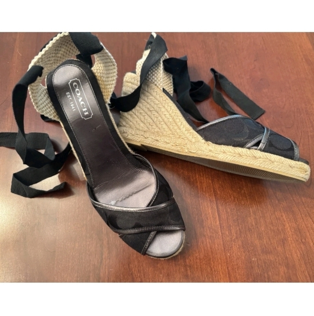 Coach MILA Black Espadrille Wedges Platform with Ankle Ribbon Ties 9